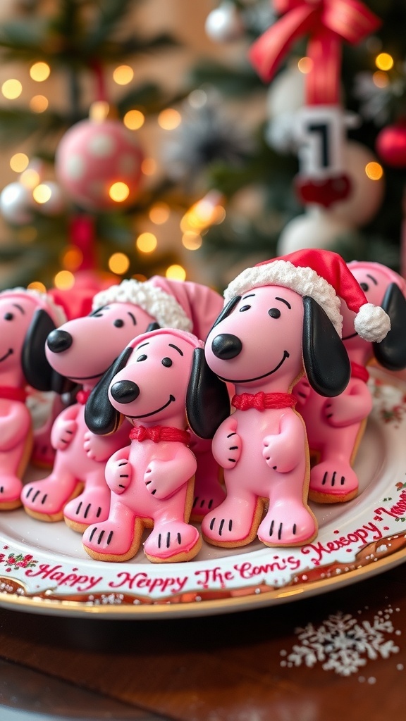 A festive plate of pink Snoopy cookies decorated for Christmas, surrounded by holiday decorations.